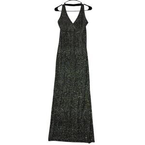 Y2K City‎ Triangles Black Sparkle Halter Maxi Dress Sz L Open Back Slit VTG USA